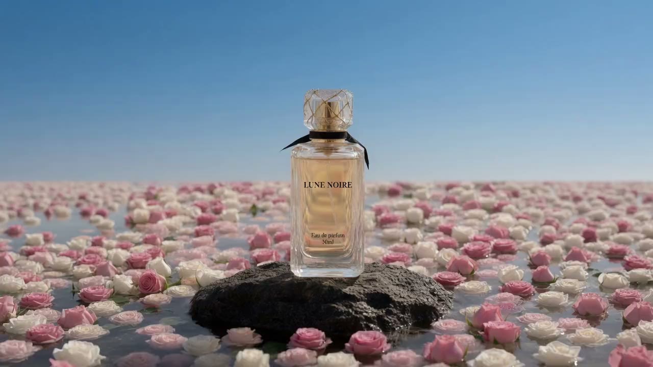 A perfume bottle revealed in a field of pastel flowers